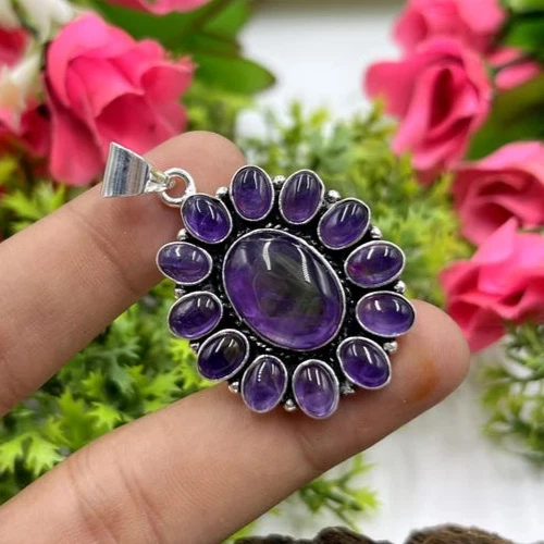 Colgante de piedras preciosas con flor de amatista púrpura hecho a mano joyería de plata de ley Foto 1 de 4