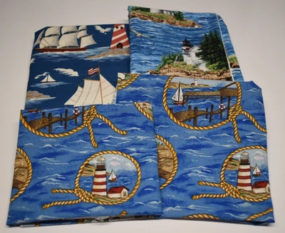 4 piece fabric lot LIGHTHOUSE SHIP SEA nautical SCRAP REMNANT blue red 1 YARD + - Image 1 of 4