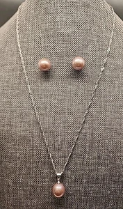 Genusis Lavender FW Pearl Rhodium Plated Silver Earring & Pendant Set SPL680B-18 - Picture 1 of 14