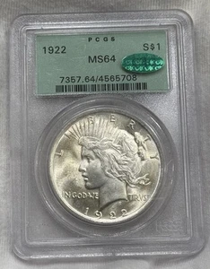 1922 Peace Silver Dollar CAC Ogh PCGS Ms64 Lustrous Gem Bu Light Toning - Picture 1 of 2