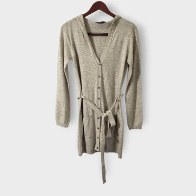BCBGMAXAZRIA Angora Cashmere Tie Front Longline Hooded Cardigan Oatmeal Sz Med  - Image 1 of 4