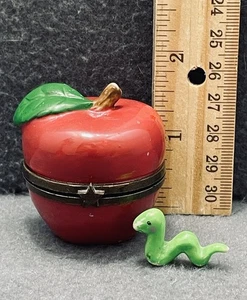 Midwest of Cannon Falls Hinged Small Trinket Box Red Apple With Green Worm - Picture 1 of 9