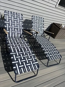 Vtg Aluminum Webbed Folding Lawn Chairs Chaise Lounge Wood Adjustable Head Rest - Picture 1 of 12