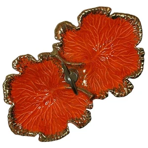 Vintage Blatt Schmuck Tablett Süßigkeiten Leckerbissen Schale mit Griff Double USA #659 Orange Gold - Bild 1 von 4