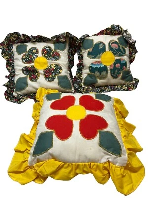 3 Handmade Vintage Patchwork Floral Pillows Yellow Green Boho MCM - Image 1 of 4