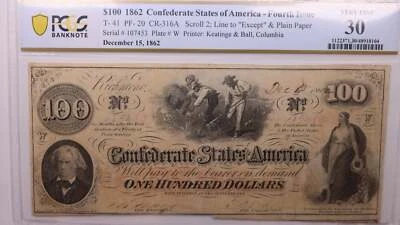 1862 $100., Civil War, C.S.A., Fourth Issue., PCGS VF-30., Store Sale #1529 - Image 1 of 4