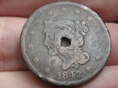 1842 Braided Hair Large Cent Penny- Large Date, Center Holed, Old Washer? - Image 1 of 3