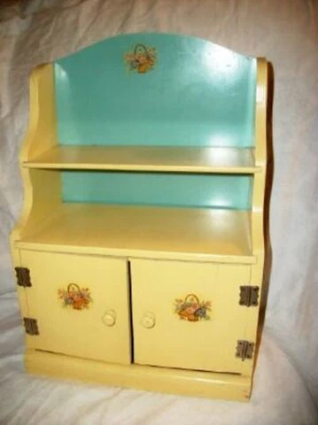 1940s CHILDS DOLL HUTCH HOOSIER CABINET AQUA YELLOW CHROME HINGES DECALS Cover