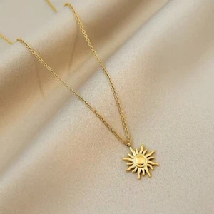 Gold Sun Pendant Necklace Elegant 925 Sterling Silver Women Girls Gift - Picture 1 of 4