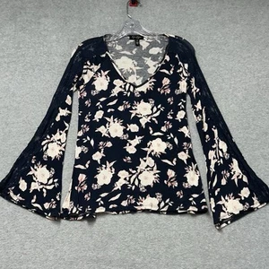 Jessica Simpson Blue Floral Bell Sleeve V-Neck Boho Peasant Blouse Knit Top XS - Picture 1 of 12