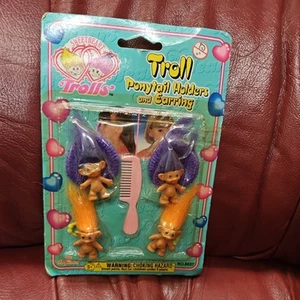 Troll Dolls Ponytail Holders & Earrings On Card, Sweetheart Trolls Vintage 90s - Picture 1 of 3