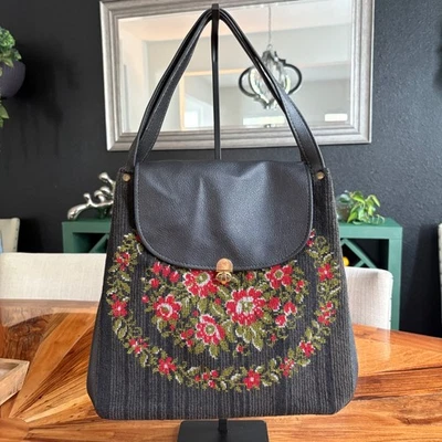 Vintage Needlepoint Floral Tote Bag Black Leather Top Handle Purse - Image 1 of 3