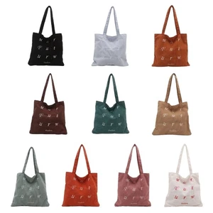 Casual Letters Embroidery Corduroy Large Shoulder Bag for Class and Office Use - Picture 1 of 17