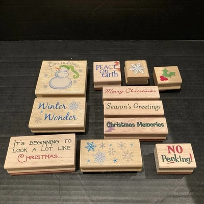 Lot Of 11 Holiday , Christmas Themed Wooden  Rubber Stamps - Image 1 of 4