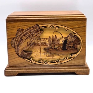 Wood Cremation Urn Adult Ashes Three D Carved Bass Fishing Scene Walnut Wood - Picture 1 of 11