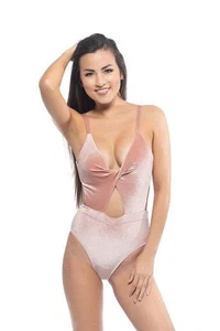 Solid pink velvet one piece with cutout detail - Picture 1 of 6
