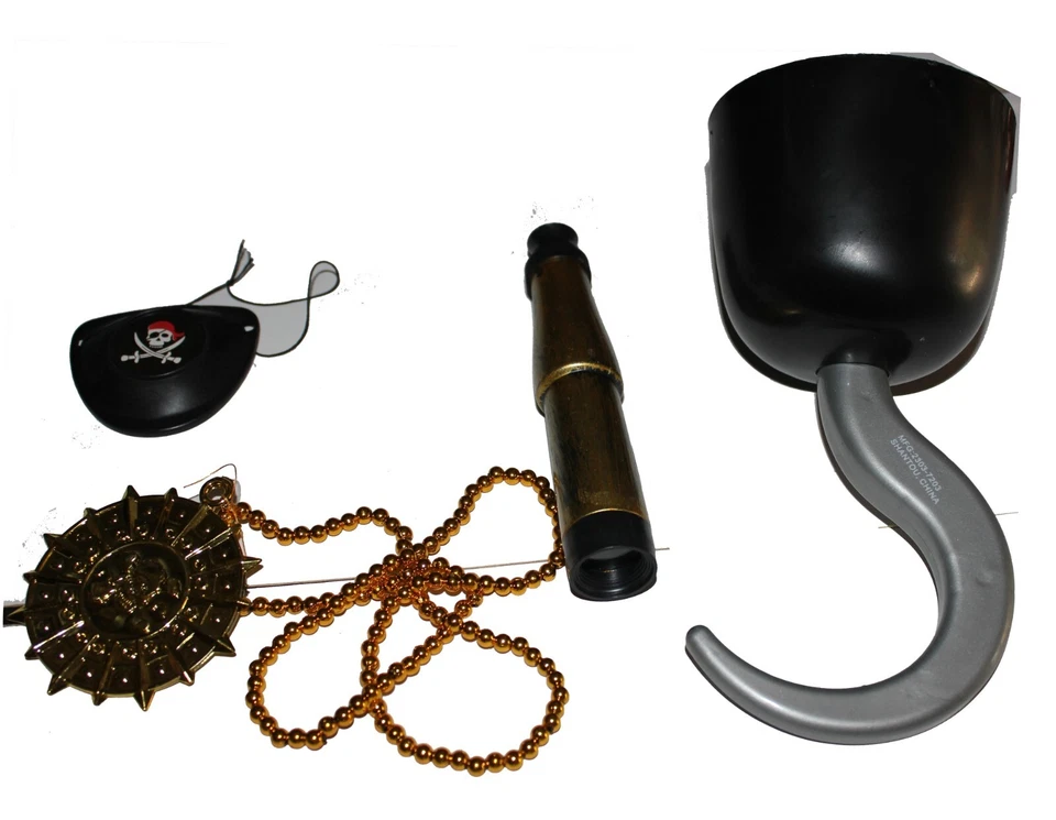 Conjunto Plástico Pirata Gancho Ojo Parche Espía Vidrio Collar Capitán Disfraz Accesorios Foto 1 de 4