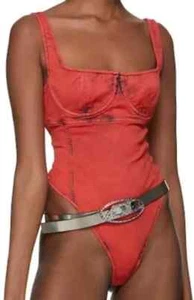 Diesel Bodysuit Womens Size Medium D-Gellert Red Acid Wash Denim Thong NWT - Picture 1 of 20