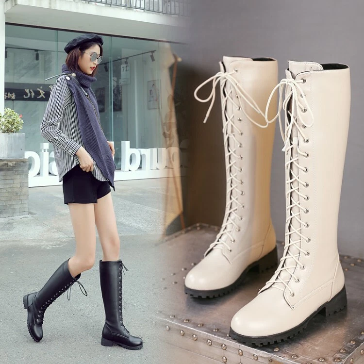 Women's Side zipper Knee High Boots Low Block Heels Lace Up Shoes Plus Size - Image 1 of 4