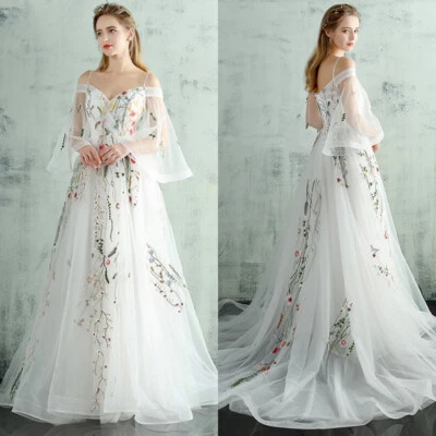 Elegant White Wedding Dress Boat Neck Flared Sleeves Lace 3D Floral Bridal Gowns - Image 1 of 4