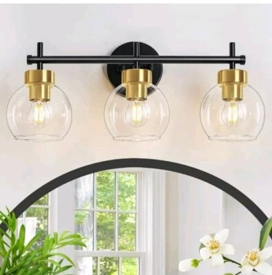3-Lights Bathroom Lights Over Mirror, Black and Brushed Gold Vanity Lights... - Image 1 of 4
