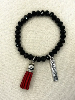 Black Crystal Cardinals Team Bar 17 Red Leather Tassel Charms Stretch Bracelet - Image 1 of 4
