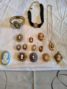 Vtg Cameo Jewelry Lot Brooches Pendants Earrings Bracelet Germany Mid Century - Picture 1 of 24