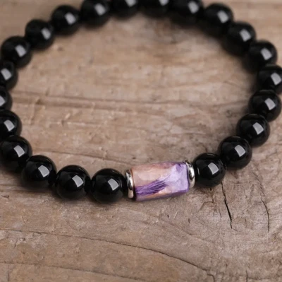 Purple Charoite Bracelet, Natural Stone, Black Agate Bead, Men & Women Bracelet - Image 1 of 4