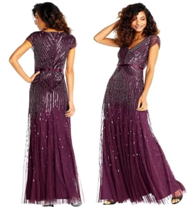Adrianna Papell Cap Sleeves V-Neck Beaded Sequined Maxi Dress Gown sz 14W $360 - Picture 1 of 22
