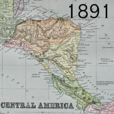 1891 COSTA RICA CENTROAMÉRICA MAR CARIBE MAPA ANTIGUO COLOR ERA VICTORIANA Foto 1 de 2