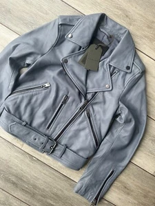 ALL SAINTS WOMEN'S FLINT BLUE "BALFERN" LEATHER BIKER JACKET COAT - UK 6 - NEW - Picture 1 of 14