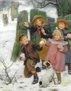 Reimpresión de postal vintage de Arthur Elsley Pixiluv niños bola de nieve - Imagen 1 de 2