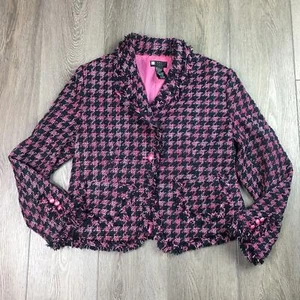 Carole Little Houndstooth Long Sleeves Silk Frayed Blazer Pink Black PM - Picture 1 of 6