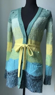 Cárdigan Suéter Tejido Azul Turquesa Verde Amarillo Mezcla Alpaca, Mujer’s Pequeño Foto 1 de 4