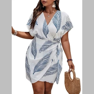 Tropical Mini Dress Print V Neck Wrap Tie Side Short Sleeve 1X - Picture 1 of 12