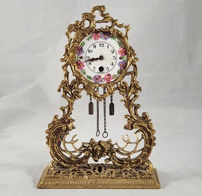 Vintage Globe Ornate Gold Tone Dresser Shelf Clock Floral Wind Up w/ Key 7.5 in - Image 1 of 4