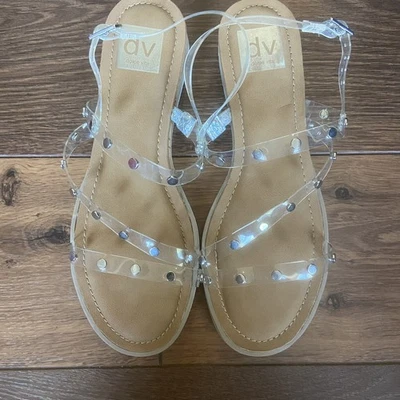 Dolce Vita Stylish Tan Sandals with Clear Studded Straps Size 8 - Изображение 1 из 4