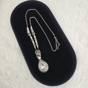 Long Silver Tone Necklace With Large Crystal Rhinestone Pendant - Picture 1 of 9