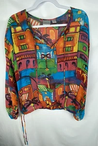 Chicos Blouse Women Sz 8 Red Blue 100% Silk Tropical City Scene Artsy Vacation - Picture 1 of 11
