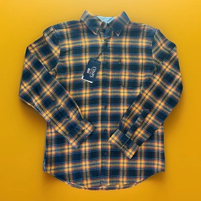 NUEVO CON ETIQUETAS Camisa Para Hombre Chaps Azul Y Naranja Franela Manga Larga Con Botones Talla Pequeña Foto 1 de 4