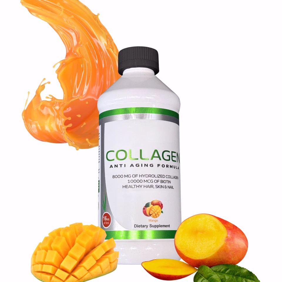  Extra Strength 10000 Biotina + 8000 Sabor Líquido Colágeno-Mango 16 fl Oz / 473 ml Foto 1 de 4