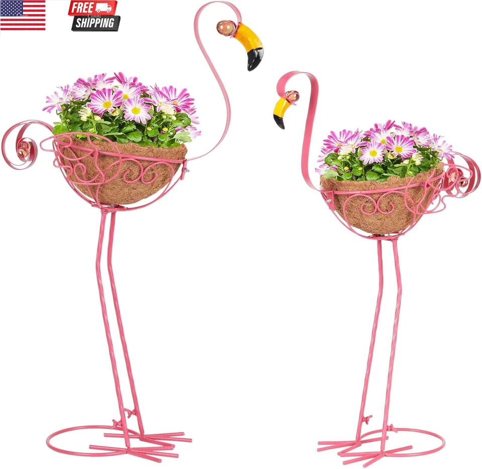 Juego de 2 jardineras de flamenco de metal rosa con cesta para jardín interior exterior patio Foto 1 de 4