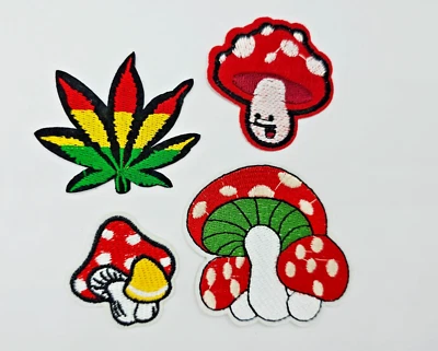 Red Mushroom Embroidered Iron-On Patch Set (4pc) 🍄 Trippy Toadstool, Weed Leaf - Image 1 of 3