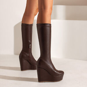 Women's Knee High Boots Side Zip Wedge Heels Stretch Pumps Platform Casual Shoes