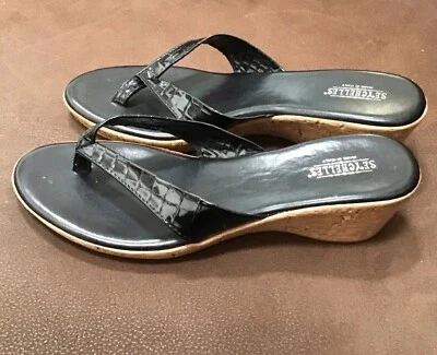 Seychelles Black Patent Cork Wedge Thong Sandal Women's Shoe 8 Italy - Image 1 of 4