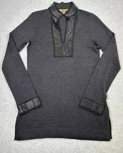 Tory Burch Sweater Womens S Gray Merino Wool Copper Studs V Neck Sweater Tunic - Picture 1 of 16
