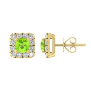 14K Yellow Gold Round Natural Diamond & Peridot Stud Earrings for Women - Picture 1 of 1