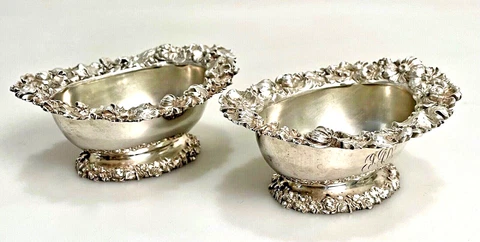 Pair 2 Vtg Spaulding Sterling Silver Large Master Salt Dishes Floral Repousse Cover
