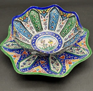 Antique Persian Copper Plate and Bowl Set, Hand Painted Enamel (Minakari) - Picture 1 of 10