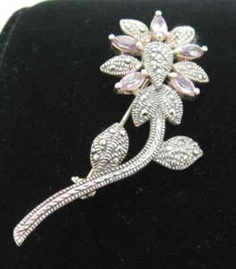 LOVELY LARGE CHÂTEAU D'ARGENT AMETHYST & MARCASITE STERLING FLOWER BROOCH/PIN - Picture 1 of 5